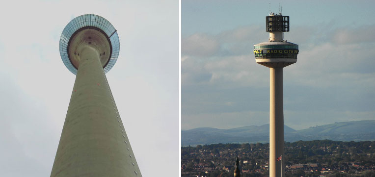 Der Rheinturm und sein „kleiner Bruder“, Radio Tower, in Liverpool