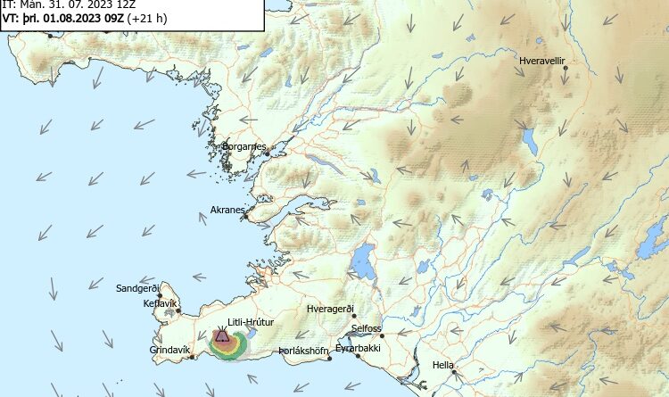 Windrichtung Vulkan Reykjanes.