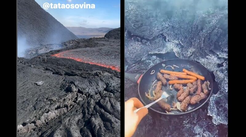 Vulkan in Island: Paar brät Würstchen auf Lava-Glut – in Wurfweite zum Krater